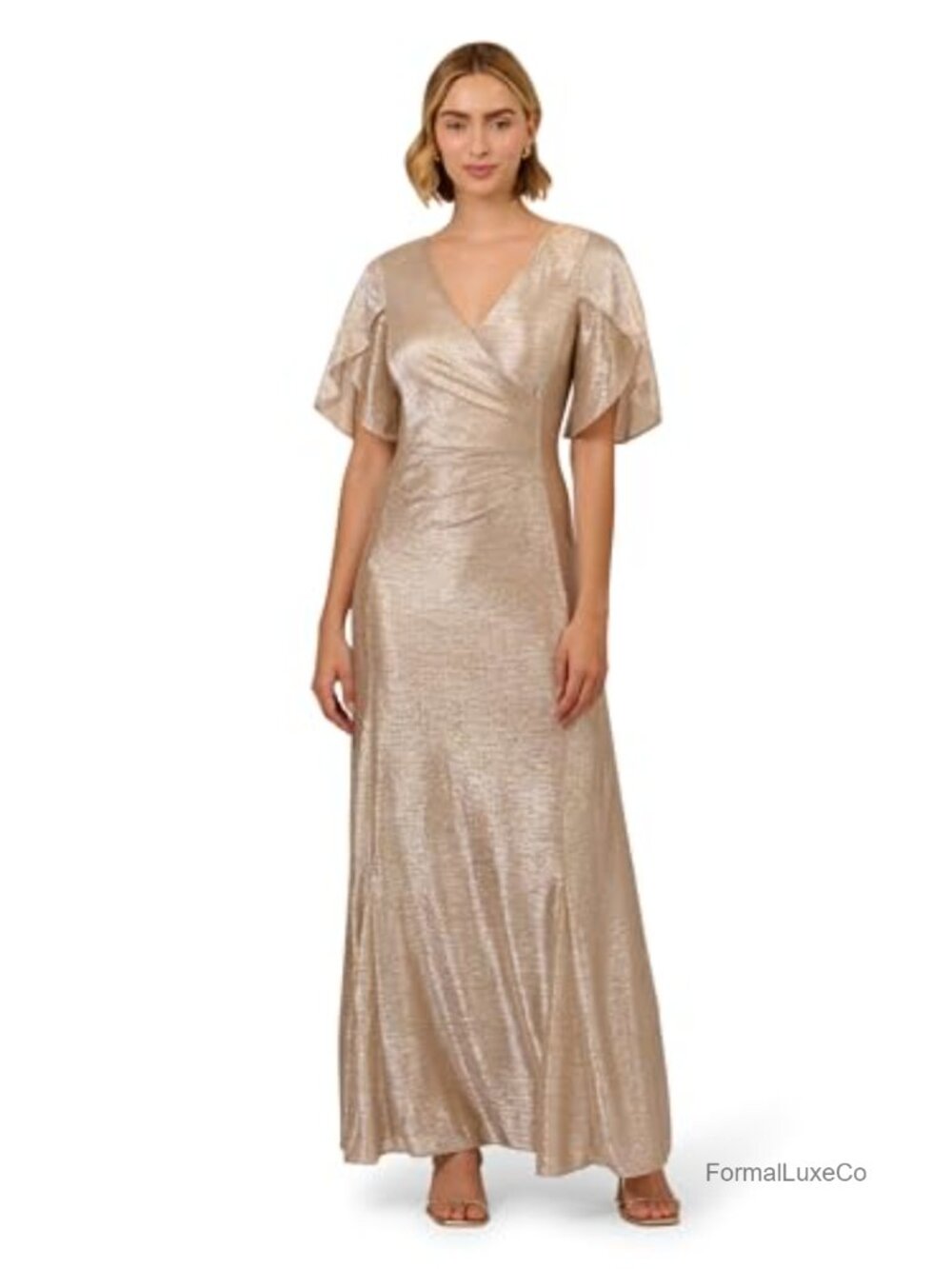 Adrianna Papell Metallic Flutter Knit Mermaid Gown Special Occasion